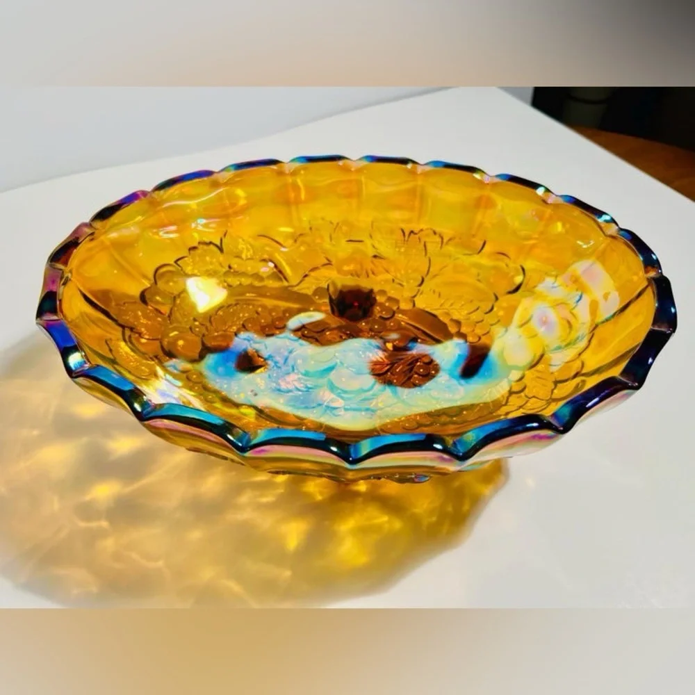 Vintage Indiana Glass Footed Amber Oval Carnival Glass Bowl